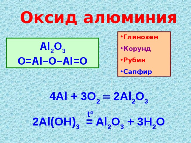 Оксид алюминия Глинозем Корунд Рубин Сапфир  Al 2 O 3 O=Al–O–Al=O 4Al + 3O 2   2Al 2 O 3 t  2Al(OH) 3   = Al 2 O 3 + 3H 2 O 