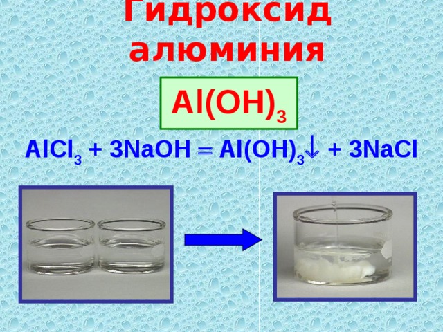 Гидроксид алюминия Al(OH) 3 AlCl 3 + 3NaOH  Al(OH) 3  + 3NaCl 