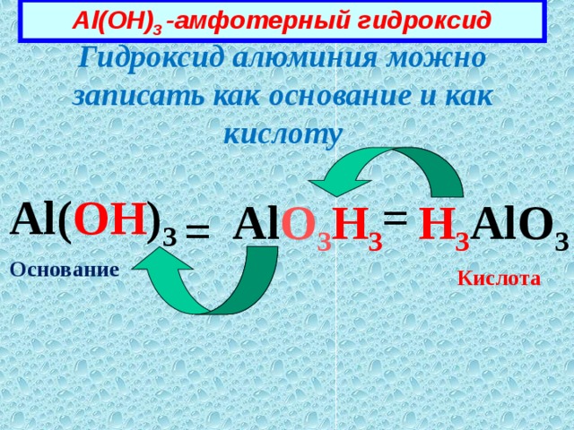Al(OH) 3 - амфотерный гидроксид Гидроксид  алюминия можно записать как основание и как кислоту Al( OH ) 3 = H 3 AlO 3 Al O 3 H 3 = Основание  Кислота 
