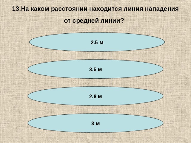 13.На каком расстоянии находится линия нападения от средней линии?  2.5 м 3.5 м 2.8 м 3 м 