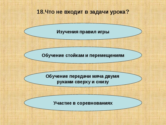 18.Что не входит в задачи урока? Изучения правил игры Обучение стойкам и перемещениям Обучение передачи мяча двумя руками сверху и снизу Участие в соревнованиях 