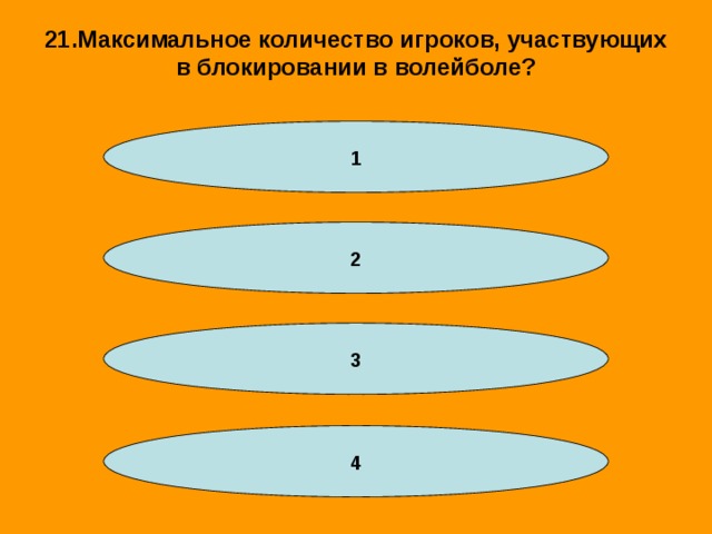 21.Максимальное количество игроков, участвующих в блокировании в волейболе? 1 2 3 4 