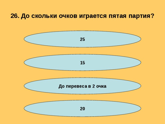 26. До скольки очков играется пятая партия? 25 15 До перевеса в 2 очка 20 