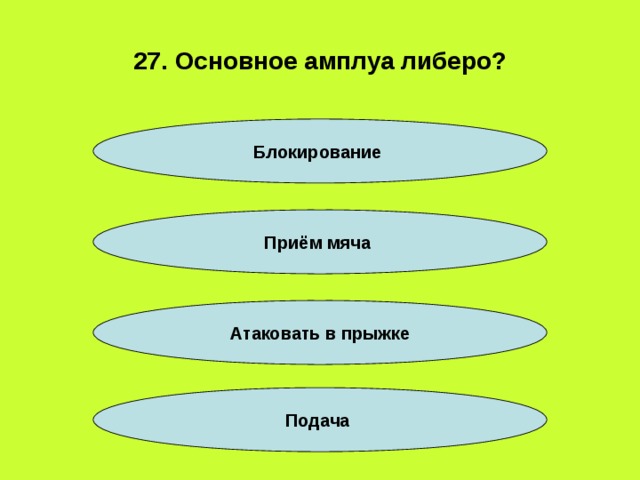 27. Основное амплуа либеро? Блокирование Приём мяча Атаковать в прыжке Подача 