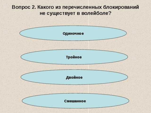 Вопрос 2. Какого из перечисленных блокирований не существует в волейболе? Одиночное Тройное Двойное Смешанное 