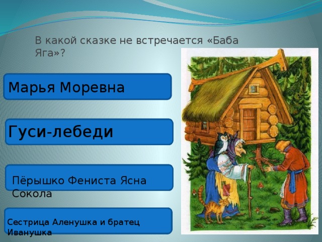 В какой сказке не встречается «Баба Яга»? Марья Моревна Гуси-лебеди Пёрышко Фениста Ясна Сокола Сестрица Аленушка и братец Иванушка 