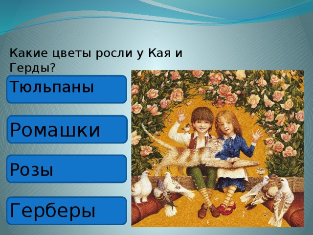 Какие цветы росли у Кая и Герды? Тюльпаны Ромашки Розы Герберы 