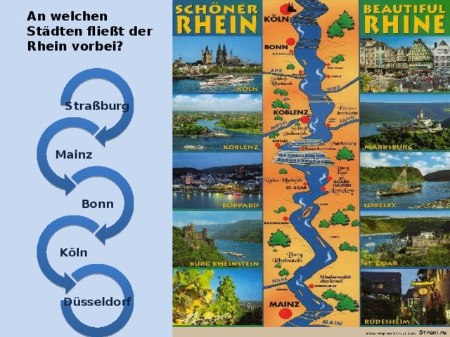 An welchen Städten fließt der Rhein vorbei?   Straßburg Mainz Bonn Köln Düsseldorf 