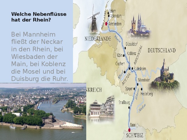 Welche Nebenflüsse hat der Rhein?   Bei Mannheim fließt der Neckar in den Rhein, bei Wiesbaden der Main, bei Koblenz die Mosel und bei Duisburg die Ruhr. 