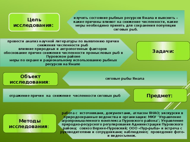     изучить состояние рыбных ресурсов Ямала и выяснить - какие причины влияют на снижение численности, какие меры необходимо принять для сохранения популяции сиговых рыб.   Цель исследования:  провести анализ научной литературы по выявлению причин снижения численности рыб  влияние природных и антропогенных факторов  обоснование причин снижения численности промысловых рыб в Пуровском районе  меры по охране и рациональному использованию рыбных ресурсов на Ямале Задачи: сиговые рыбы Ямала Объект исследования : Предмет: отражение причин на снижение численности сиговых рыб работа с источниками, документами, атласом ЯНАО; экскурсии в природоохранные ведомства и организации: МКУ 