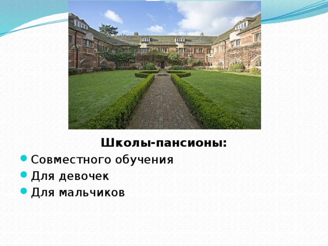 Школы-пансионы: Совместного обучения Для девочек Для мальчиков 