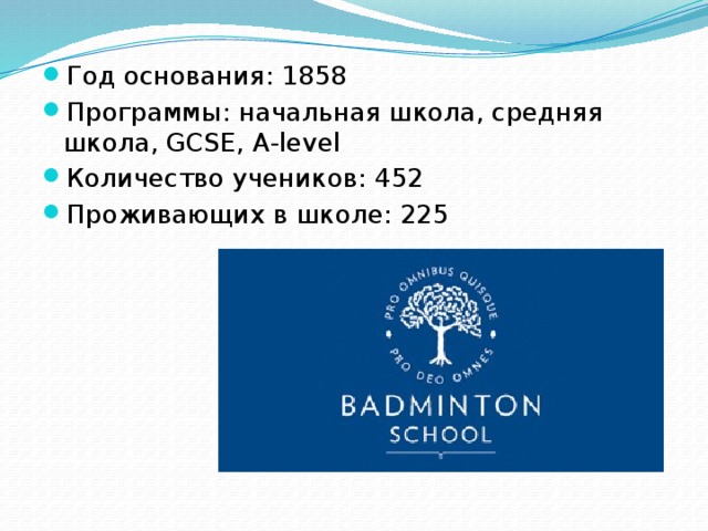 Год основания: 1858 Программы: начальная школа, средняя школа, GCSE, A-level Количество учеников: 452 Проживающих в школе: 225 