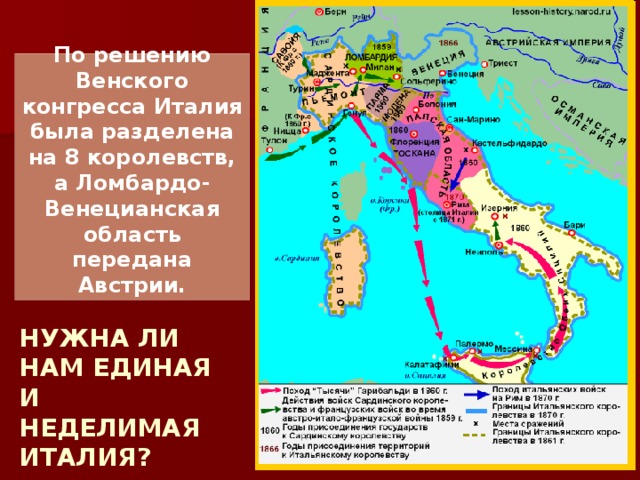 По решению Венского конгресса Италия была разделена на 8 королевств, а Ломбардо-Венецианская область передана Австрии. НУЖНА ЛИ НАМ ЕДИНАЯ И НЕДЕЛИМАЯ ИТАЛИЯ? 