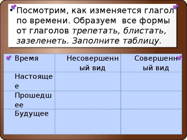 Посмотрим, как изменяется глагол по времени. Образуем все формы от глаголов трепетать, блистать, зазеленеть. Заполните таблицу.