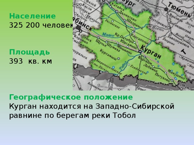 Население    325 200 человек Площадь    393 кв. км    Географическое положение    Курган находится на Западно-Сибирской равнине по берегам реки Тобол 