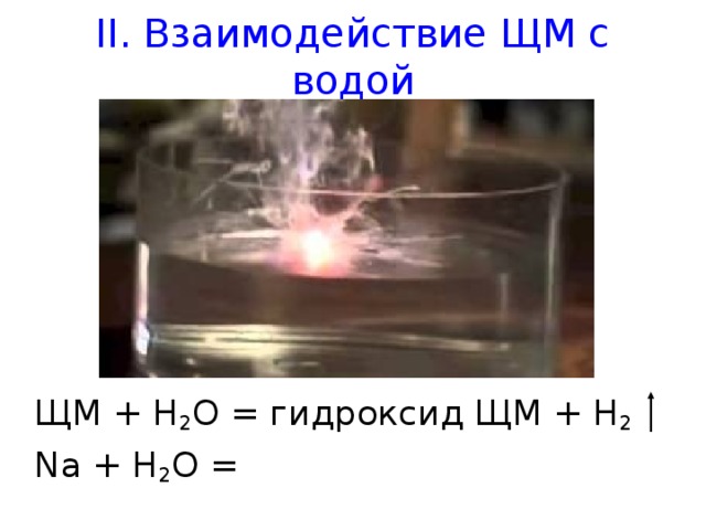II . Взаимодействие ЩМ с водой ЩМ + H 2 O = гидроксид ЩМ + H 2  Na + H 2 O = 