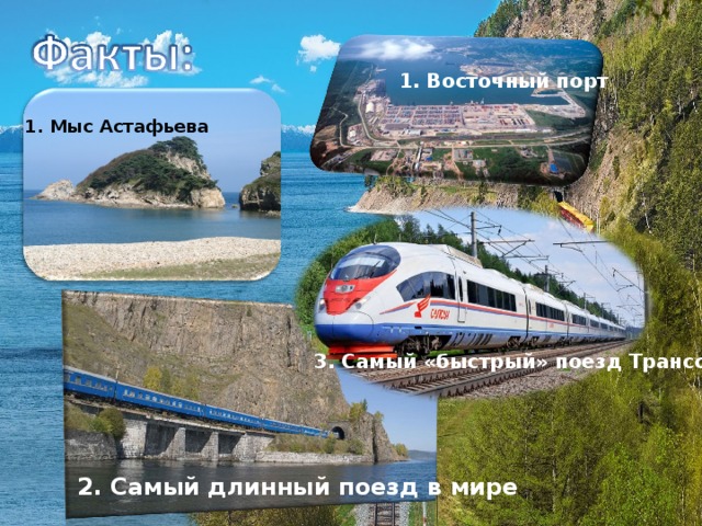 1. Восточный порт 1. Мыс Астафьева 3. Самый «быстрый» поезд Транссиб 2. Самый длинный поезд в мире 