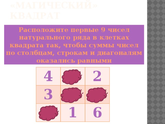 «Магический» квадрат Расположите первые 9 чисел натурального ряда в клетках квадрата так, чтобы суммы чисел по столбцам, строкам и диагоналям оказались равными 4 3 9 2 5 8 7 1 6 