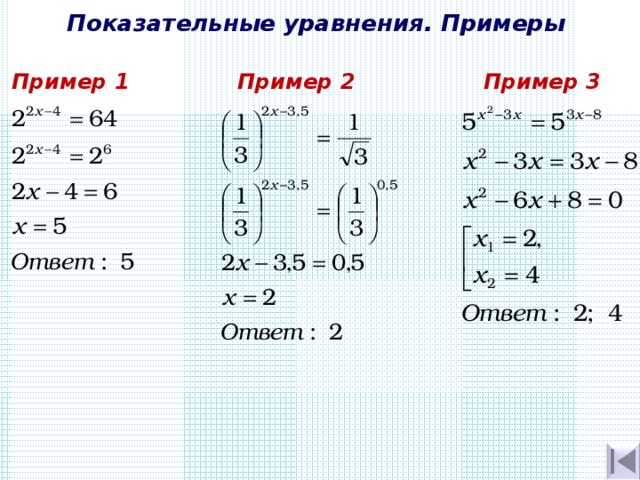 Показательные уравнения. Примеры Пример 1 Пример 2 Пример 3 