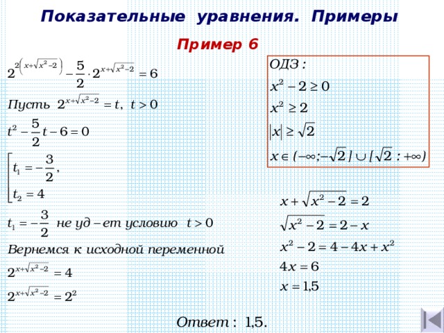 Показательные уравнения. Примеры Пример 6 