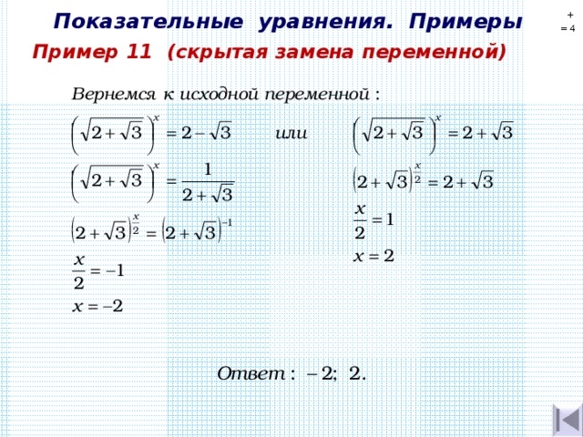 Показательные уравнения. Примеры + = 4  Пример 11  (скрытая замена переменной) 
