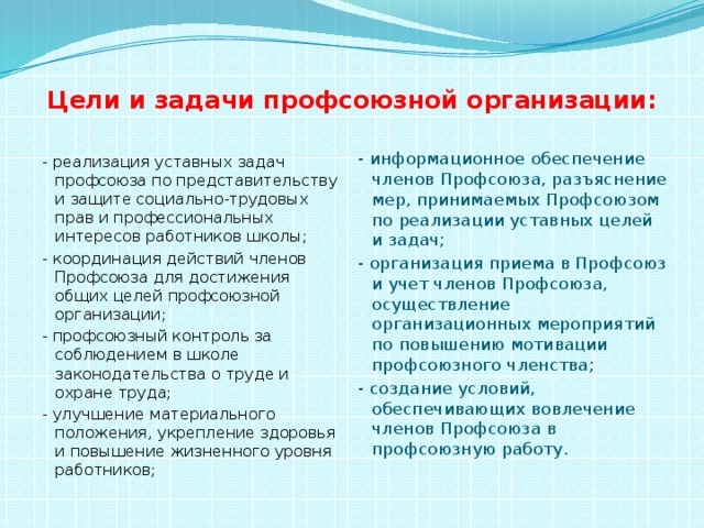 Цели профсоюза работников. Цели и задачи профсоюза. Цели и задачи профсоюзной организации. Задачи профессиональных союзов. Реализация уставных задач профсоюза.