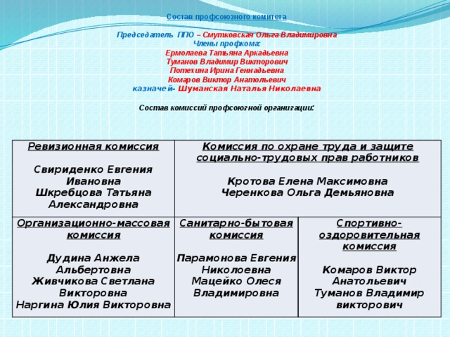 Профсоюзные комитеты предприятий. Состав профсоюзного комитета. Профсоюз состав комитета первичной профсоюзной организации. Состав профкома ППО. Состав профсоюза в школе.