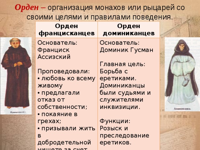 Что лежит в основе философии ордена августинцев. Монашеские ордена доминиканцев и францисканцев. Орден доминиканцев и францисканцев 6 класс. Монашеские ордена средневековья 6 класс. Орден францисканцев это в истории 6 класс.