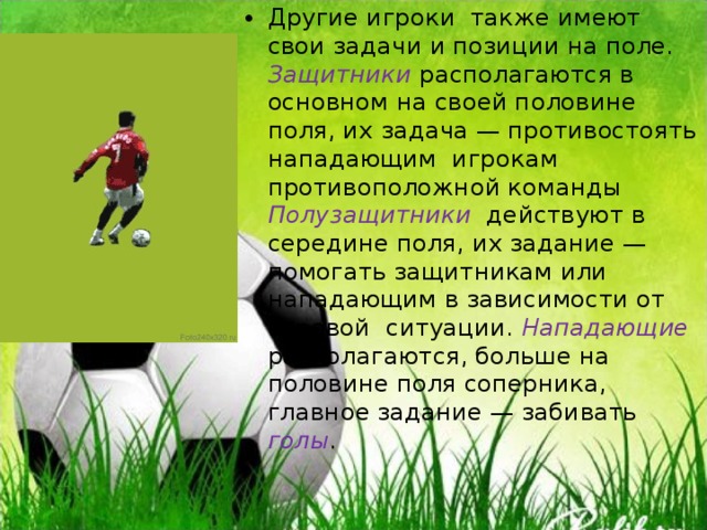 Другие игроки также имеют свои задачи и позиции на поле. Защитники располагаются в основном на своей половине поля, их задача — противостоять нападающим игрокам противоположной команды Полузащитники действуют в середине поля, их задание — помогать защитникам или нападающим в зависимости от игровой ситуации. Нападающие располагаются, больше на половине поля соперника, главное задание — забивать голы . 