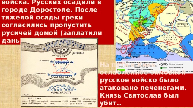 Весной 971 года Цимисхий повел на Святослава лучшие войска. Русских осадили в городе Доростоле. После тяжелой осады греки согласились пропустить русичей домой (заплатили дань). На пути в Киев ослабленное зимовкой русское войско было атаковано печенегами. Князь Святослав был убит.. 