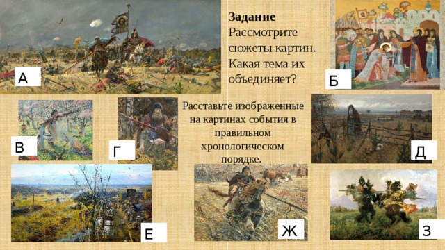 Задание Рассмотрите сюжеты картин. Какая тема их объединяет? А Б Расставьте изображенные на картинах события в правильном хронологическом порядке. В Г Д Ж З Е 