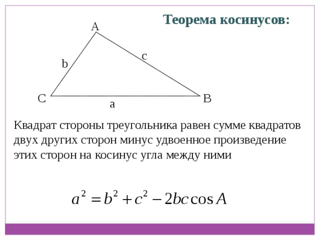 Теорема косинусов: A с b B C а Квадрат стороны треугольника равен сумме квадратов двух других сторон минус удвоенное произведение этих сторон на косинус угла между ними  