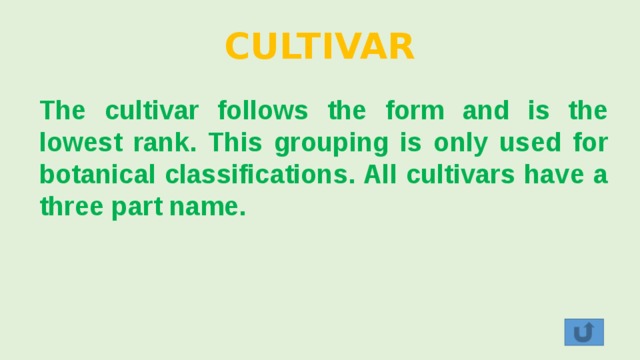 CULTIVAR The cultivar follows the form and is the lowest rank. This grouping is only used for botanical classifications. All cultivars have a three part name. 