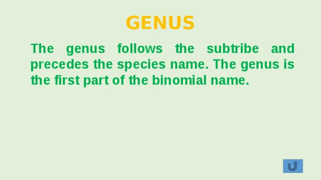 GENUS The genus follows the subtribe and precedes the species name. The genus is the first part of the binomial name. 