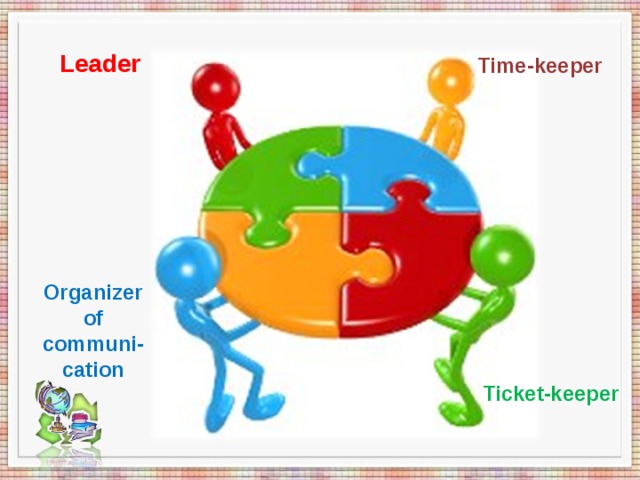 Leader Time-keeper Organizer of communi- cation Ticket-keeper 