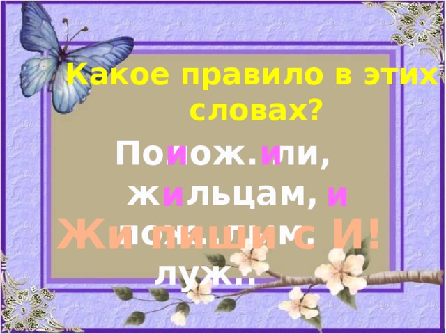 Какое правило в этих  словах? Полож..ли, ж..льцам, и и пож..лым, луж.. и и Жи пиши с И! 