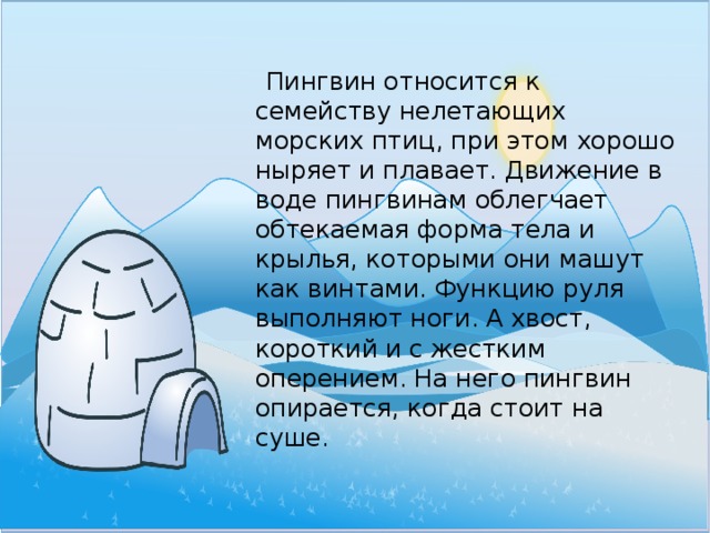  Пингвин относится к семейству нелетающих морских птиц, при этом хорошо ныряет и плавает. Движение в воде пингвинам облегчает обтекаемая форма тела и крылья, которыми они машут как винтами. Функцию руля выполняют ноги. А хвост, короткий и с жестким оперением. На него пингвин опирается, когда стоит на суше.   