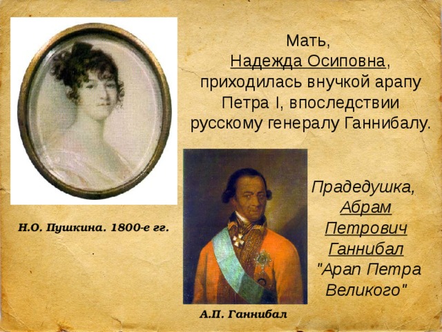 Мать, Надежда Осиповна , приходилась внучкой арапу Петра I, впоследствии русскому генералу Ганнибалу. Прадедушка, Абрам Петрович Ганнибал  