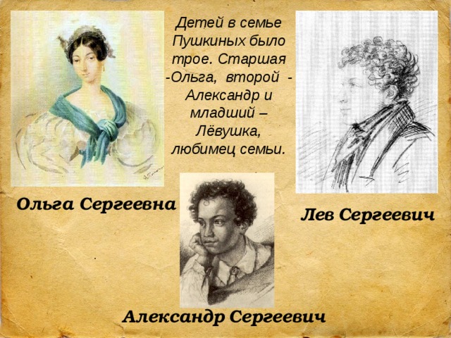 Детей в семье Пушкиных было трое. Старшая -Ольга, второй - Александр и младший – Лёвушка, любимец семьи. Ольга Сергеевна Лев  Сергеевич Александр  Сергеевич 