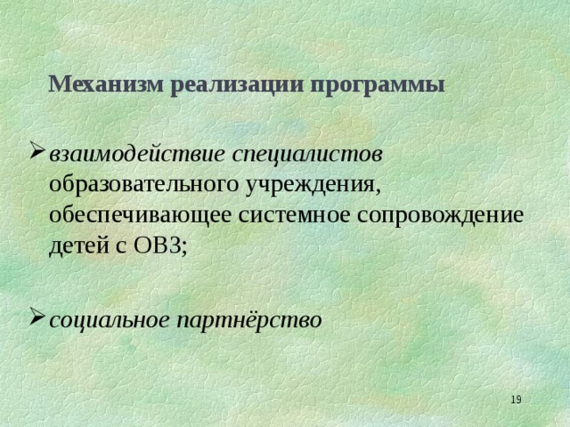 Механизм реализации программы взаимодействие специалистов образовательного учреждения, обеспечивающее системное сопровождение детей с ОВЗ;  социальное  партнёрство   