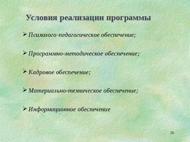 Условия реализации программы Психолого-педагогическое обеспечение;  Программно‑методическое обеспечение;  Кадровое обеспечение;  Материально‑техническое обеспечение;  Информационное обеспечение   
