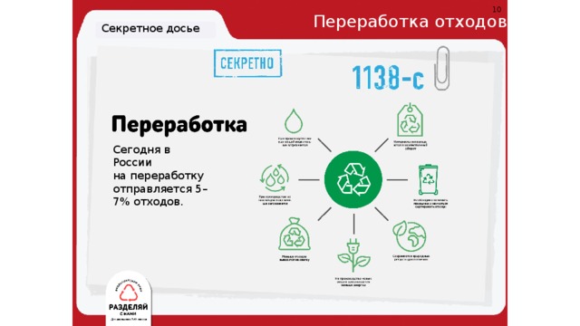 10 Переработка отходов Секретное досье Сегодня в России  на переработку отправляется 5–7% отходов. 4. Сохраняются природные ресурсы для потомков 