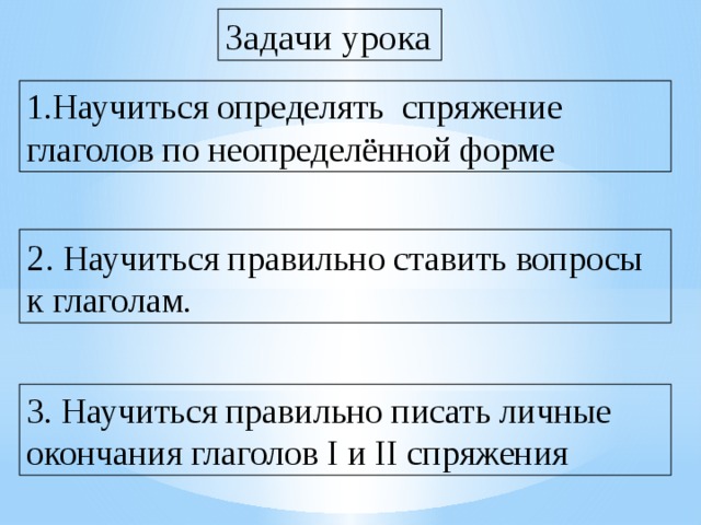 Задачи урока 1.Научиться определять спряжение глаголов по неопределённой форме 2. Научиться правильно ставить вопросы к глаголам. 3. Научиться правильно писать личные окончания глаголов I и II спряжения 