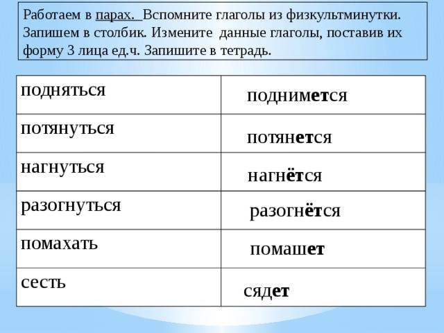 Работаем в парах. Вспомните глаголы из физкультминутки. Запишем в столбик. Измените данные глаголы, поставив их форму 3 лица ед.ч. Запишите в тетрадь. подняться потянуться нагнуться разогнуться помахать сесть подним ет ся потян ет ся нагн ёт ся разогн ёт ся помаш ет сяд ет 