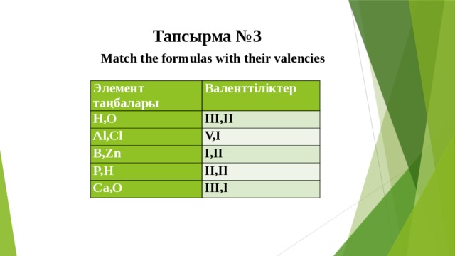  Тапсырма №3   Match the formulas with their valencies Элемент таңбалары Валенттіліктер H,O III,II Al,Cl V,I B,Zn I,II P,H II,II Ca,O III,I 