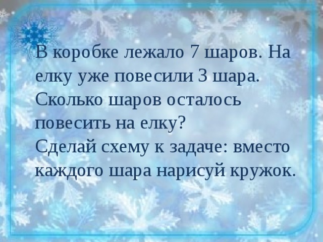 В коробке лежало 7 шаров. На елку уже повесили 3 шара. Сколько шаров осталось повесить на елку? Сделай схему к задаче: вместо каждого шара нарисуй кружок. 