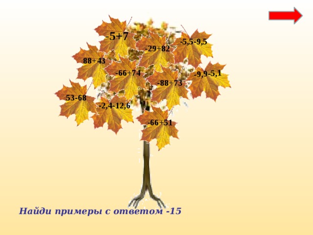 -9,9-5,1 -5+7 -5,5-9,5 -29+82 88+43 -66+74 -88+73 53-68 -2,4-12,6 -66+51 Найди примеры с ответом -15 