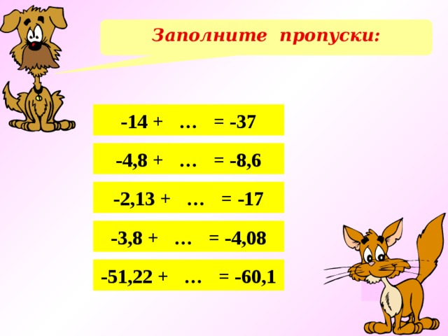 Заполните пропуски: -14 + … = -37 -4,8 + … = -8,6 -2,13 + … = -17 -3,8 + … = -4,08 -51,22 + … = -60,1 (-23) (-3,8) (-14,87) (-0,28) (-8,88) 