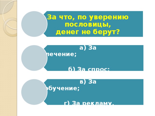 За что, по уверению пословицы, денег не берут? а) За лечение;                                  б) За спрос; в) За обучение;                                г) За рекламу. 
