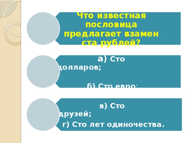 Что известная пословица предлагает взамен ста рублей? а) Сто долларов;                             б) Сто евро ; в) Сто друзей;                                г) Сто лет одиночества. 
